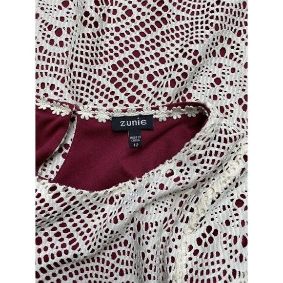 Girls Zunie Dress Ivory Lace over Burgundy‎ Lining Finge Hem Sz 12 - Picture 4 of 7